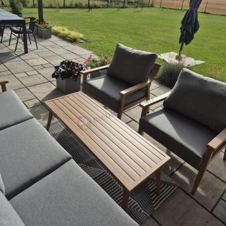 Aluminiowy zestaw mebli ogrodowych, kolor drewniany, szare poduszki dla 5 osób z sofą 200cm - Else Set - Grey