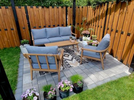 Aluminiowy zestaw mebli ogrodowych, kolor drewniany, szare poduszki dla 5 osób z sofą 200cm - Else Set - Grey