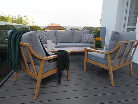 Aluminiowy zestaw mebli ogrodowych, kolor drewniany, szare poduszki dla 5 osób z sofą 200cm - Else Set - Grey