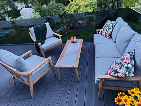 Aluminiowy zestaw mebli ogrodowych, kolor drewniany, szare poduszki dla 5 osób z sofą 200cm - Else Set - Grey