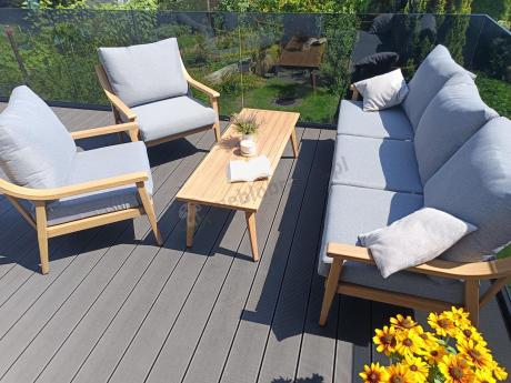 Aluminiowy zestaw mebli ogrodowych, kolor drewniany, szare poduszki dla 5 osób z sofą 200cm - Else Set - Grey