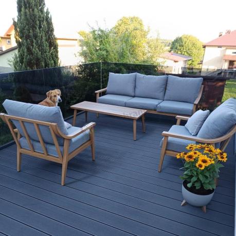 Aluminiowy zestaw mebli ogrodowych, kolor drewniany, szare poduszki dla 5 osób z sofą 200cm - Else Set - Grey