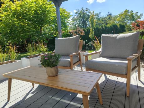 Aluminiowy zestaw mebli ogrodowych, kolor drewniany, szare poduszki dla 5 osób z sofą 200cm - Else Set - Grey