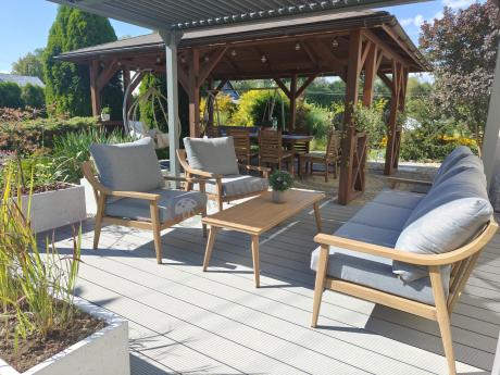 Aluminiowy zestaw mebli ogrodowych, kolor drewniany, szare poduszki dla 5 osób z sofą 200cm - Else Set - Grey