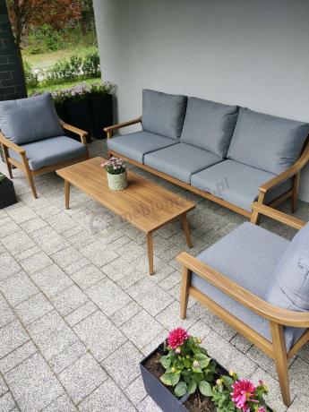 Aluminiowy zestaw mebli ogrodowych, kolor drewniany, szare poduszki dla 5 osób z sofą 200cm - Else Set - Grey