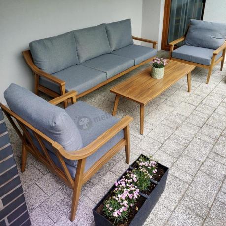 Aluminiowy zestaw mebli ogrodowych, kolor drewniany, szare poduszki dla 5 osób z sofą 200cm - Else Set - Grey