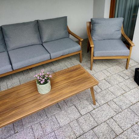 Aluminiowy zestaw mebli ogrodowych, kolor drewniany, szare poduszki dla 5 osób z sofą 200cm - Else Set - Grey