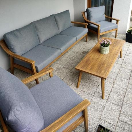Aluminiowy zestaw mebli ogrodowych, kolor drewniany, szare poduszki dla 5 osób z sofą 200cm - Else Set - Grey