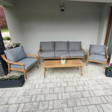 Aluminiowy zestaw mebli ogrodowych, kolor drewniany, szare poduszki dla 5 osób z sofą 200cm - Else Set - Grey