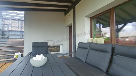 Aluminiowy zestaw ogrodowy z wysokim stołem, sofą 202cm, fotelami i pufami Renalo Dining Grafitowy