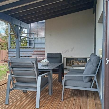 Aluminiowy zestaw ogrodowy z wysokim stołem, sofą 202cm, fotelami i pufami Renalo Dining Grafitowy