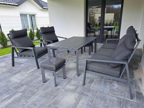 Aluminiowy zestaw ogrodowy z wysokim stołem, sofą 202cm, fotelami i pufami Renalo Dining Grafitowy