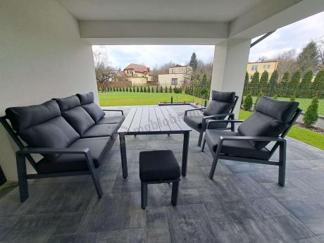 Aluminiowy zestaw ogrodowy z wysokim stołem, sofą 202cm, fotelami i pufami Renalo Dining Grafitowy