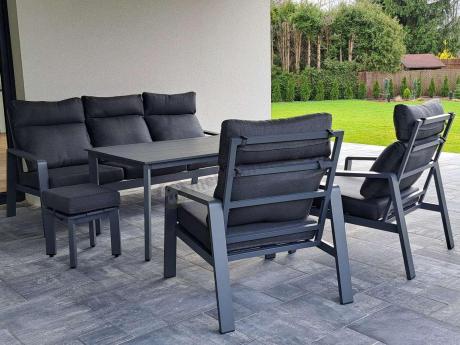 Aluminiowy zestaw ogrodowy z wysokim stołem, sofą 202cm, fotelami i pufami Renalo Dining Grafitowy