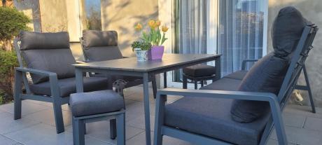 Aluminiowy zestaw ogrodowy z wysokim stołem, sofą 202cm, fotelami i pufami Renalo Dining Grafitowy