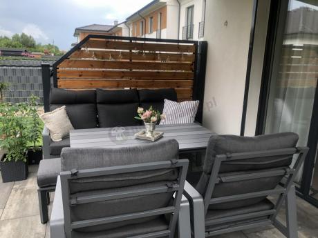 Aluminiowy zestaw ogrodowy z wysokim stołem, sofą 202cm, fotelami i pufami Renalo Dining Grafitowy