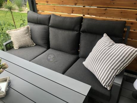 Aluminiowy zestaw ogrodowy z wysokim stołem, sofą 202cm, fotelami i pufami Renalo Dining Grafitowy