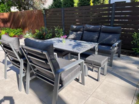 Aluminiowy zestaw ogrodowy z wysokim stołem, sofą 202cm, fotelami i pufami Renalo Dining Grafitowy