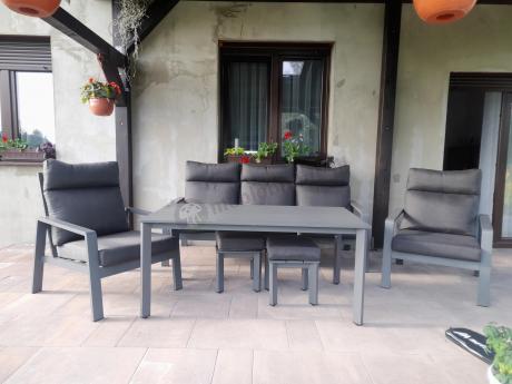 Aluminiowy zestaw ogrodowy z wysokim stołem, sofą 202cm, fotelami i pufami Renalo Dining Grafitowy