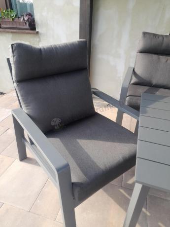 Aluminiowy zestaw ogrodowy z wysokim stołem, sofą 202cm, fotelami i pufami Renalo Dining Grafitowy