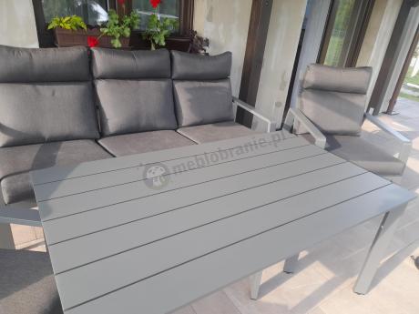 Aluminiowy zestaw ogrodowy z wysokim stołem, sofą 202cm, fotelami i pufami Renalo Dining Grafitowy