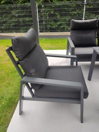 Aluminiowy zestaw ogrodowy z wysokim stołem, sofą 202cm, fotelami i pufami Renalo Dining Grafitowy