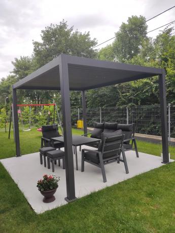 Aluminiowy zestaw ogrodowy z wysokim stołem, sofą 202cm, fotelami i pufami Renalo Dining Grafitowy