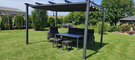 Aluminiowy zestaw ogrodowy z wysokim stołem, sofą 202cm, fotelami i pufami Renalo Dining Grafitowy