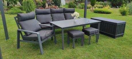Aluminiowy zestaw ogrodowy z wysokim stołem, sofą 202cm, fotelami i pufami Renalo Dining Grafitowy
