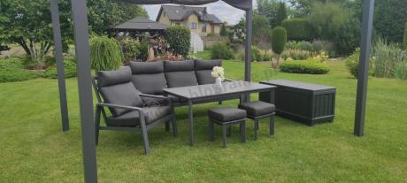 Aluminiowy zestaw ogrodowy z wysokim stołem, sofą 202cm, fotelami i pufami Renalo Dining Grafitowy