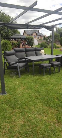 Aluminiowy zestaw ogrodowy z wysokim stołem, sofą 202cm, fotelami i pufami Renalo Dining Grafitowy