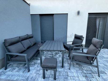 Aluminiowy zestaw ogrodowy z wysokim stołem, sofą 202cm, fotelami i pufami Renalo Dining Grafitowy