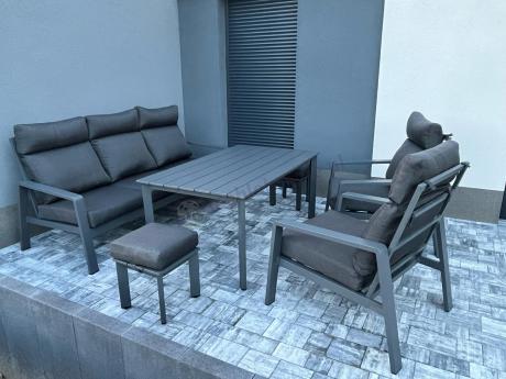 Aluminiowy zestaw ogrodowy z wysokim stołem, sofą 202cm, fotelami i pufami Renalo Dining Grafitowy