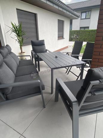 Aluminiowy zestaw ogrodowy z wysokim stołem, sofą 202cm, fotelami i pufami Renalo Dining Grafitowy