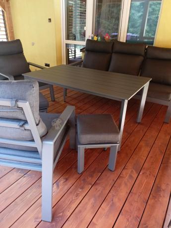 Aluminiowy zestaw ogrodowy z wysokim stołem, sofą 202cm, fotelami i pufami Renalo Dining Grafitowy