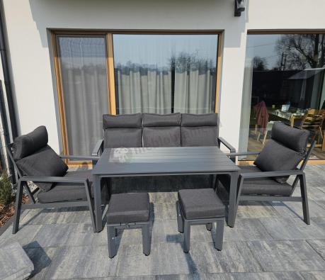 Aluminiowy zestaw ogrodowy z wysokim stołem, sofą 202cm, fotelami i pufami Renalo Dining Grafitowy