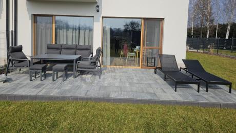 Aluminiowy zestaw ogrodowy z wysokim stołem, sofą 202cm, fotelami i pufami Renalo Dining Grafitowy