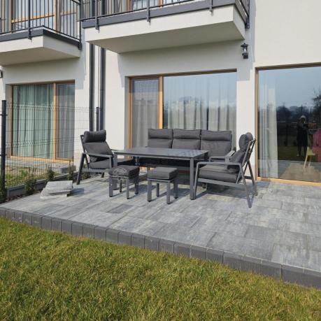 Aluminiowy zestaw ogrodowy z wysokim stołem, sofą 202cm, fotelami i pufami Renalo Dining Grafitowy