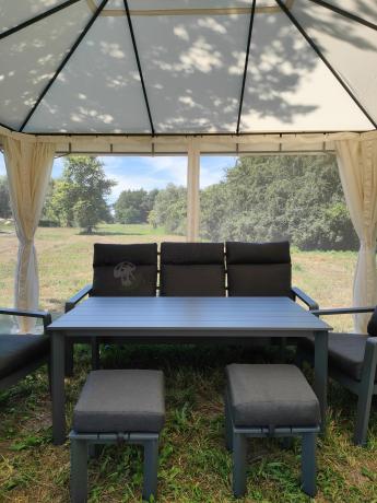 Aluminiowy zestaw ogrodowy z wysokim stołem, sofą 202cm, fotelami i pufami Renalo Family Grafitowy