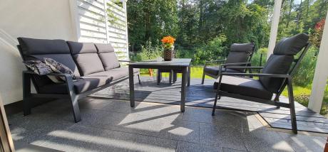 Aluminiowy zestaw ogrodowy z wysokim stołem, sofą 202cm, fotelami i pufami Renalo Family Grafitowy