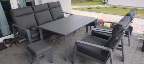 Aluminiowy zestaw ogrodowy z wysokim stołem, sofą 202cm, fotelami i pufami Renalo Family Grafitowy