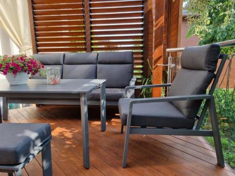 Aluminiowy zestaw ogrodowy z wysokim stołem, sofą 202cm, fotelami i pufami Renalo Family Grafitowy