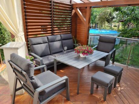 Aluminiowy zestaw ogrodowy z wysokim stołem, sofą 202cm, fotelami i pufami Renalo Family Grafitowy