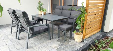Aluminiowy zestaw ogrodowy z wysokim stołem, sofą 202cm, fotelami i pufami Renalo Family Grafitowy
