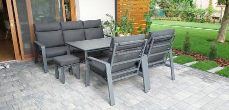 Aluminiowy zestaw ogrodowy z wysokim stołem, sofą 202cm, fotelami i pufami Renalo Family Grafitowy