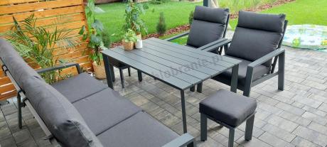 Aluminiowy zestaw ogrodowy z wysokim stołem, sofą 202cm, fotelami i pufami Renalo Family Grafitowy