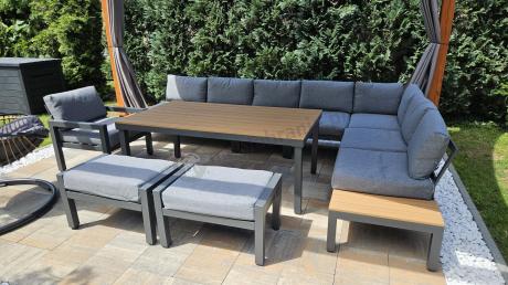 Aluminiowy zestaw z narożnikiem, wysokim stołem, fotelem i pufami - Calamba Corner XXL - Grey