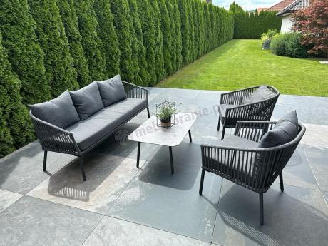 Antracytowe nowoczesne meble ogrodowe metalowe rope style z sofą 202cm, fotelami i stolikiem kawowym Kostto Cafe