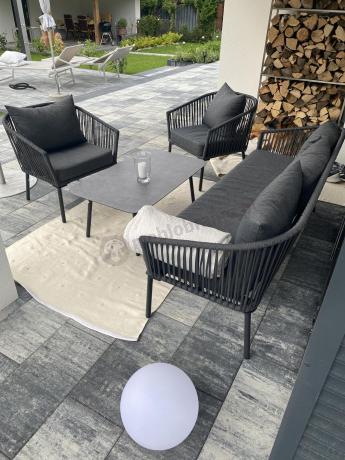 Antracytowe nowoczesne meble ogrodowe metalowe rope style z sofą 202cm, fotelami i stolikiem kawowym Kostto Cafe