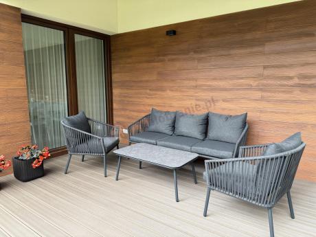 Antracytowe nowoczesne meble ogrodowe metalowe rope style z sofą, fotelami i stolikiem kawowym Kostto Cafe